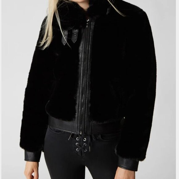 Blanknyc Black Noise Faux Fur Bomber Jacket Furry Moto Coat Vegan Size Large - Picture 11 of 11